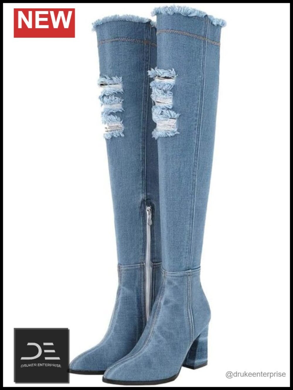 Denim Ankle Boots for Women Pointed Toe Chunky High Heel Side Zipper